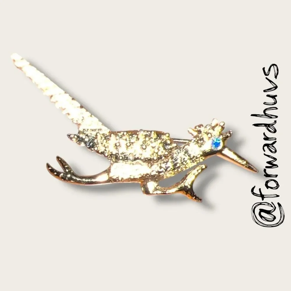 Gold Tone Vintage Brooch | Vintage Gold Tone Bird Brooch – Blue Rhinestone Eye